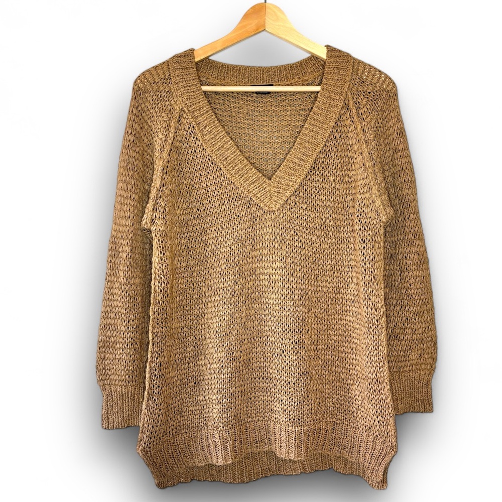 Club Monaco Light Brown Deep V-Neck Loose Knit Side Slit Sweater Size L